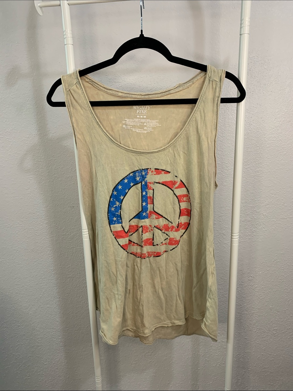 Mighty Fine Cream Tank with American Flag Peace Graphic